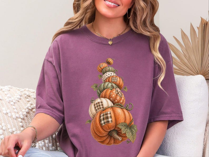 Camiseta de calabaza de otoño, camiseta bohemia de calabaza, regalo de temporada de cosecha, camiseta otoñal estilo cottagecore, top de Acción de Gracias, sudadera de calabaza patchwork imagen 2