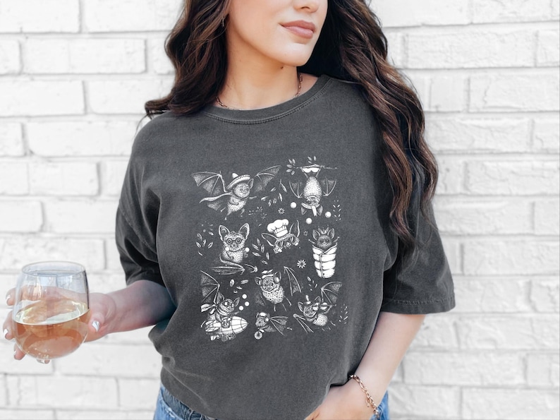 Comfort Colors Cute Bat Print Shirt, Bat Cartoon Adventures, Whimsical Halloween Tee, Spooky Animal Bat Lover Art, Halloween Shirt image 6