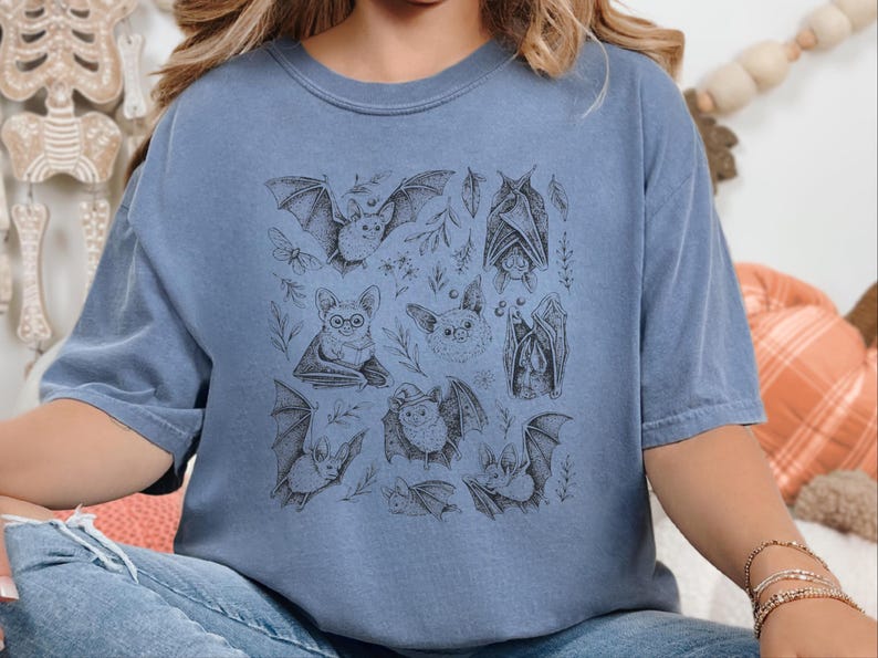 Comfort Colors Cute Animal Cartoon Bat Shirt, Whimsical Gothic Tee, Dark Academia Literary Gift, Funny Halloween Reader Tee, Gothic T-shirt image 1