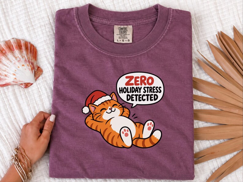 Funny Christmas Cat Shirt, Orange Tabby Cat Gift, Zero Holiday Stress Detected, Cozy Holiday Shirt, Funny Cat Lover Tee, Cat Mom Sweatshirt image 2