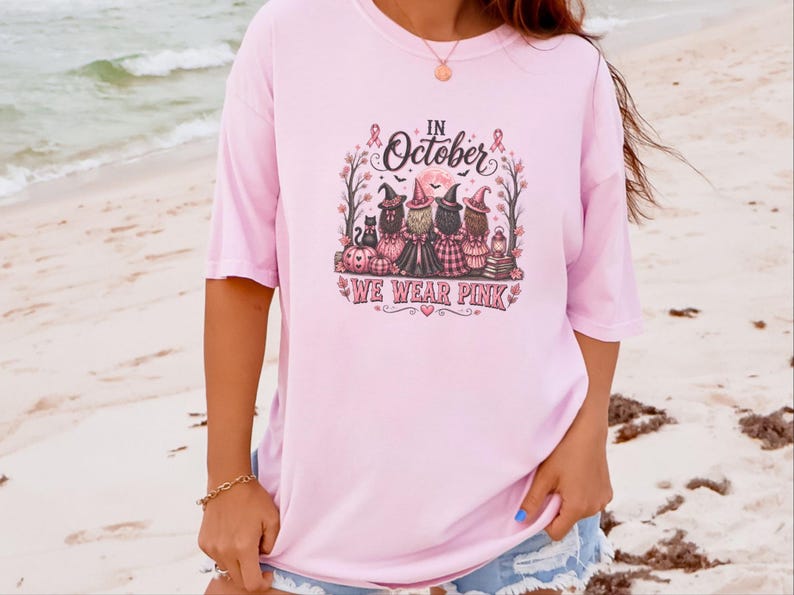 En octobre, on porte du rose ! T-shirt, cadeau d’Halloween pour la sensibilisation au cancer du sein, T-shirt de sorcière au ruban rose, Équipe de soutien aux personnes atteintes de cancer image 8