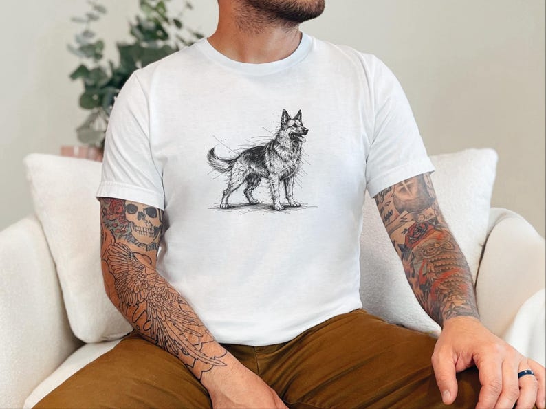 Maglietta con pastore tedesco / Maglietta con grafica a schizzo di pastore tedesco / Abbigliamento per amanti dei cani K9 immagine 6