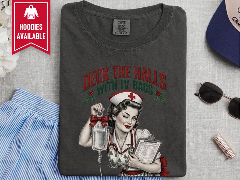 Christmas Nurse Shirt, Funny Healthcare Gift, Retro Nurse Christmas Top, Deck The Halls With IV Bags, ICU Nurse Holiday Sweatshirt image 9