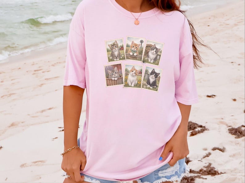 Camiseta vintage de gato, camiseta con sello postal, regalo para amantes de los gatitos de granja, camiseta para amantes de los animales, regalo retro para amantes de los gatos de campo imagen 7