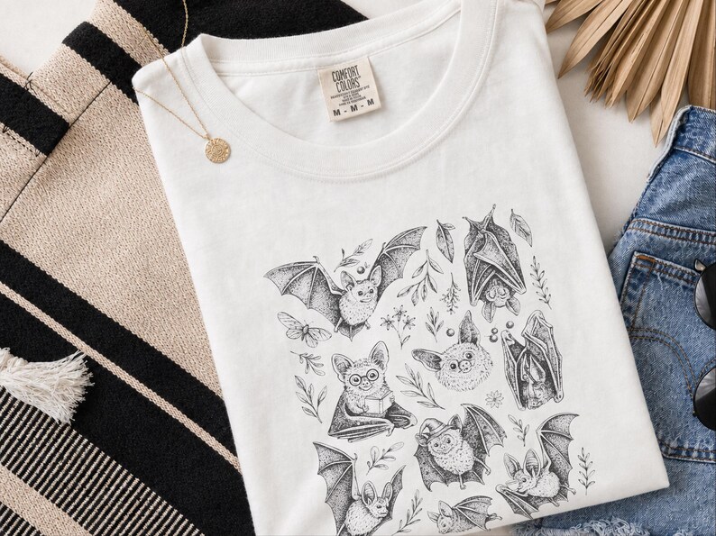 Comfort Colors Cute Animal Cartoon Bat Shirt, Whimsical Gothic Tee, Dark Academia Literary Gift, Funny Halloween Reader Tee, Gothic T-shirt image 6