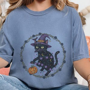 Comfort Colors Gothic Black Cat Print Shirt, Black Cat Witch Hat Tee, Spooky Fantasy Whimsical Halloween Art, Dark Feminine Whimsi Goth image 18