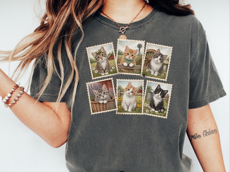 Camiseta vintage de gato, camiseta con sello postal, regalo para amantes de los gatitos de granja, camiseta para amantes de los animales, regalo retro para amantes de los gatos de campo imagen 8