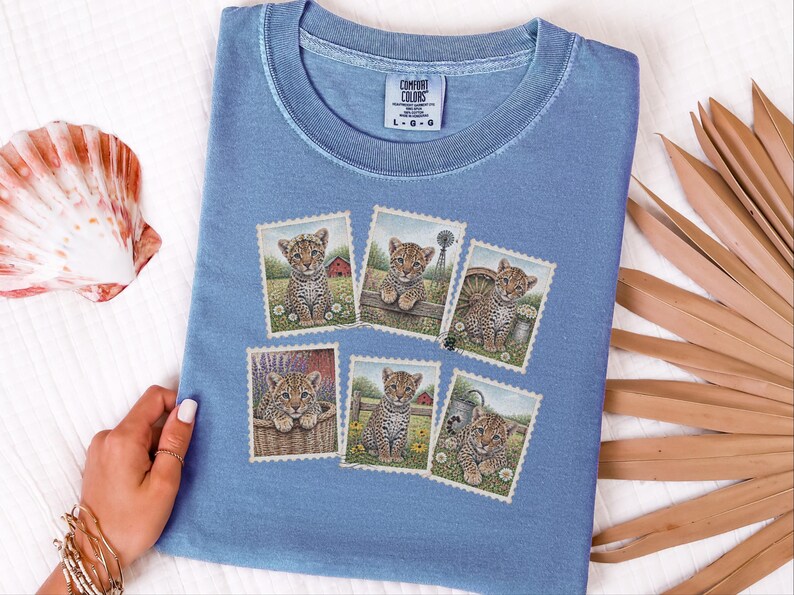 Leopard Lover Gift, Vintage Postage Stamp Leopard Collection, Wild Cat Shirt, Safari Animal Art, Farm Girl Shirt image 4