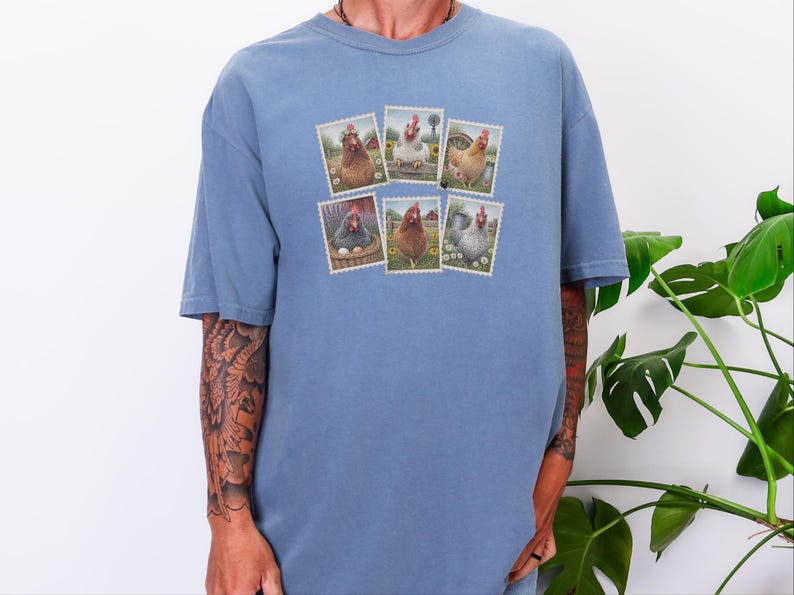 Vintage Chicken Shirt, Postage Stamp Tee, Farm Girl Shirt, Chicken Lover Gift, Retro Farmhouse Shirt, Country Living Shirt image 6