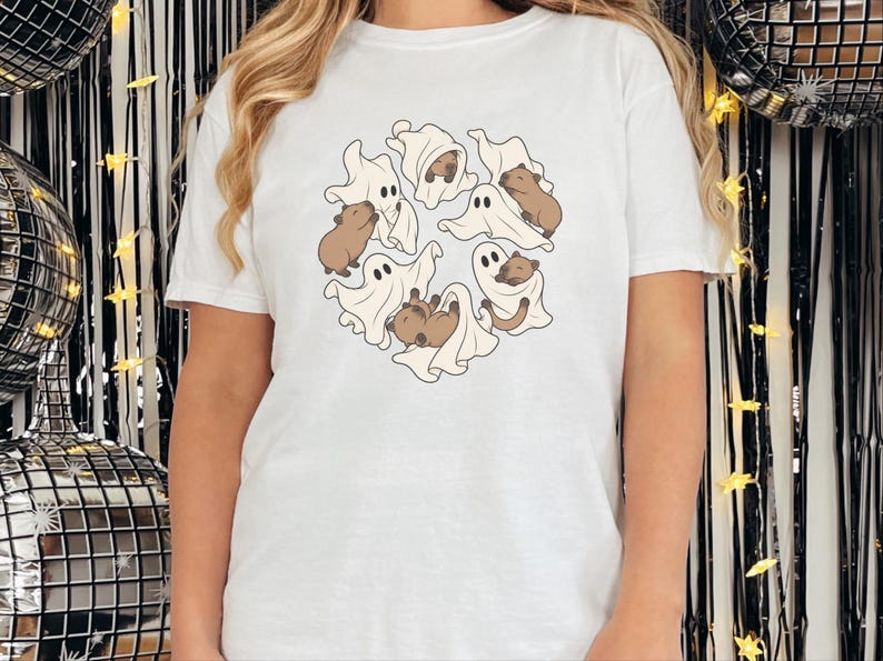 Cute Capybara Shirt, Ghost Playing With Capybara Gift, Spooky Ghost Tee, Rodent Lover Fall Shirt, Halloween Animal Graphic Tee image 5