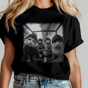 Gangster Cat Shirt | Cat Thugs In Car Lowrider Tee | Edgy Urban Graphic, Funny Meme Feline, Chicano Car Culture Style, Gangster Cat Tee image 8