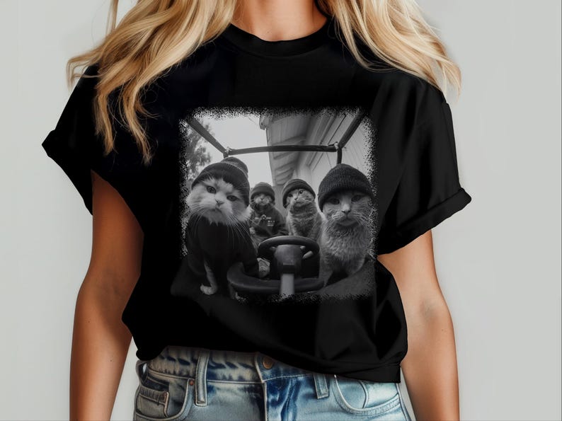 Gangster Cat Shirt | Cat Thugs In Car Lowrider Tee | Edgy Urban Graphic, Funny Meme Feline, Chicano Car Culture Style, Gangster Cat Tee image 8