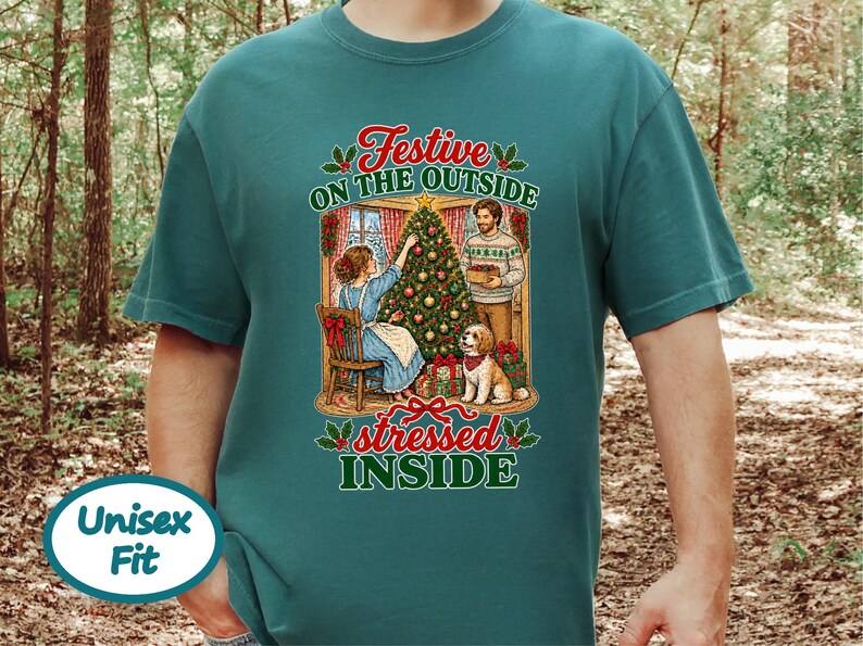 Festive On The Outside Stressed Inside Shirt, Funny Christmas Sweater, Sarcastic Holiday Gift, Retro Xmas Tee, Dog Lover Sweatshirt image 8