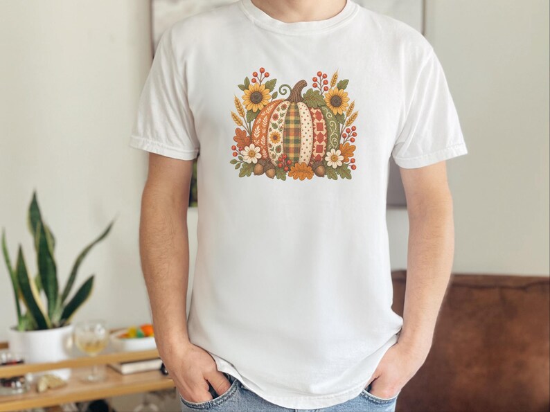 Floral Pumpkin Shirt, Vintage Patchwork Fall Tee, Cottagecore Thanksgiving Outfit, Quilted Pumpkin Autumn Garden Gift image 5