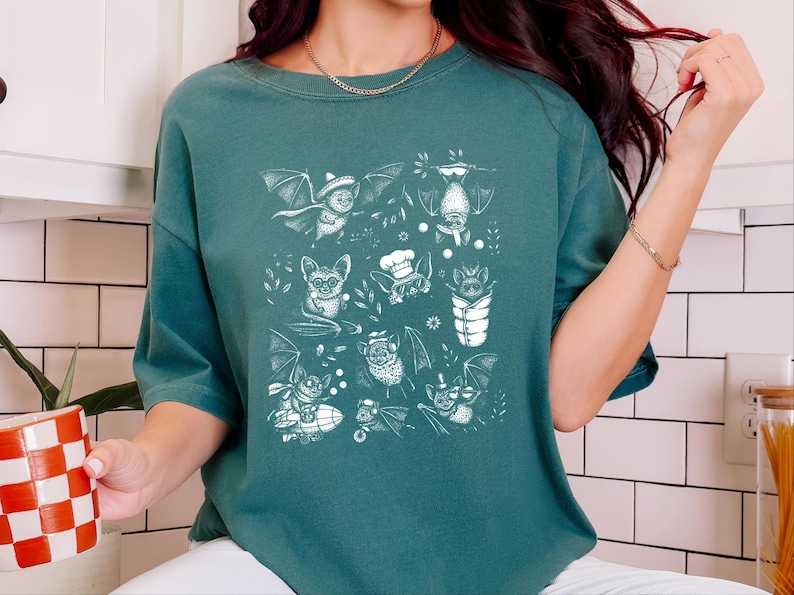 Comfort Colors Cute Bat Print Shirt, Bat Cartoon Adventures, Whimsical Halloween Tee, Spooky Animal Bat Lover Art, Halloween Shirt image 10
