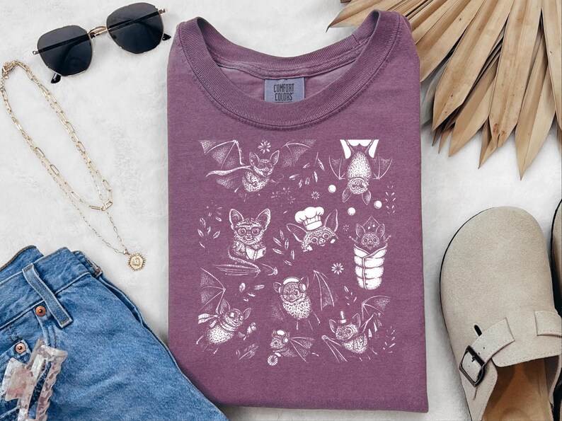 Comfort Colors Cute Bat Art, Cute Bat Illustration Fun Activities Shirt, Whimsical Bat Lover Gift, Funny Halloween Nature Tee, Halloween Bat image 4