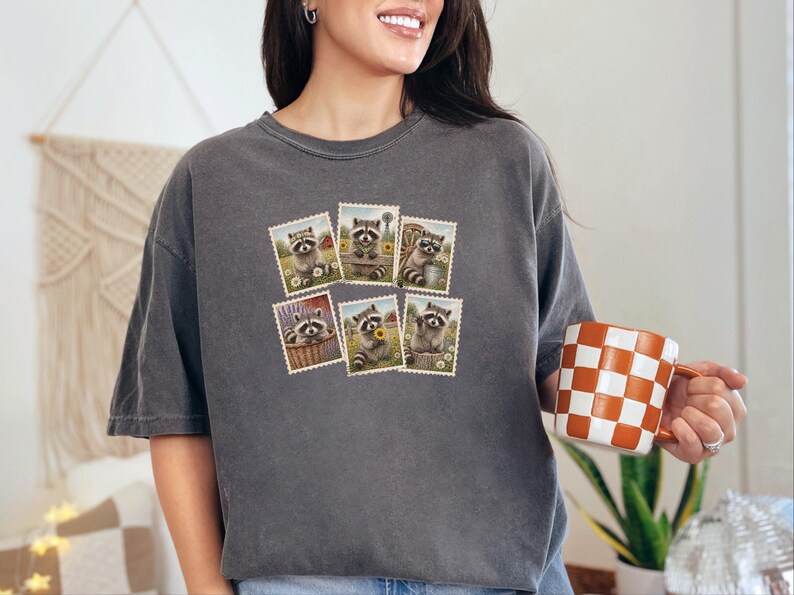 Raccoon Postage Stamp Shirt, Vintage Animal Lover Gift, Farm Girl Tee, Rustic Nature Graphic Shirt image 2