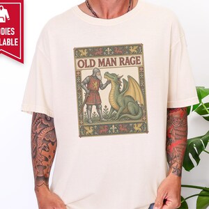 Medieval Dragon Shirt, Funny Old Man Gift, Fantasy Reader Tee, Knight Costume, Medieval Manuscript Graphic Tee image 8