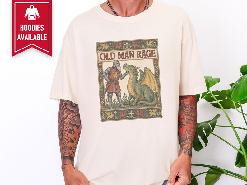Medieval Dragon Shirt, Funny Old Man Gift, Fantasy Reader Tee, Knight Costume, Medieval Manuscript Graphic Tee image 8