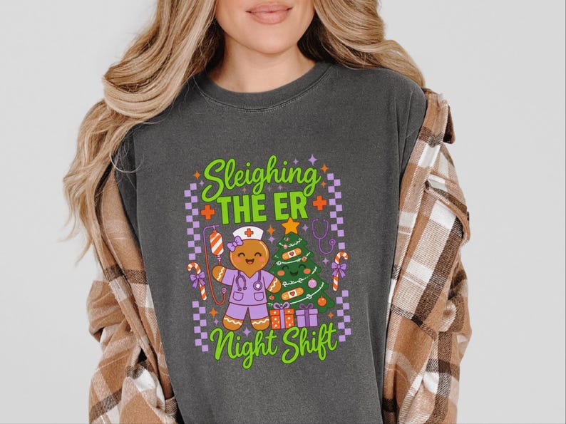 Er Nurse Christmas Shirt, Gingerbread Nurse Gift, Emergency Room Tee, Sleighing The Er Night Shift, Christmas Scrub Top, Nurse Holiday Gift image 1