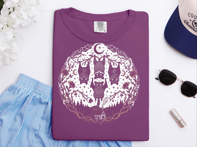 Comfort Colors Night Animals Halloween Racoon Bats Floral Night Scene Shirt, Vintage Spooky Moon Phases Tee, Goth Cottagecore Witchy Fall image 1