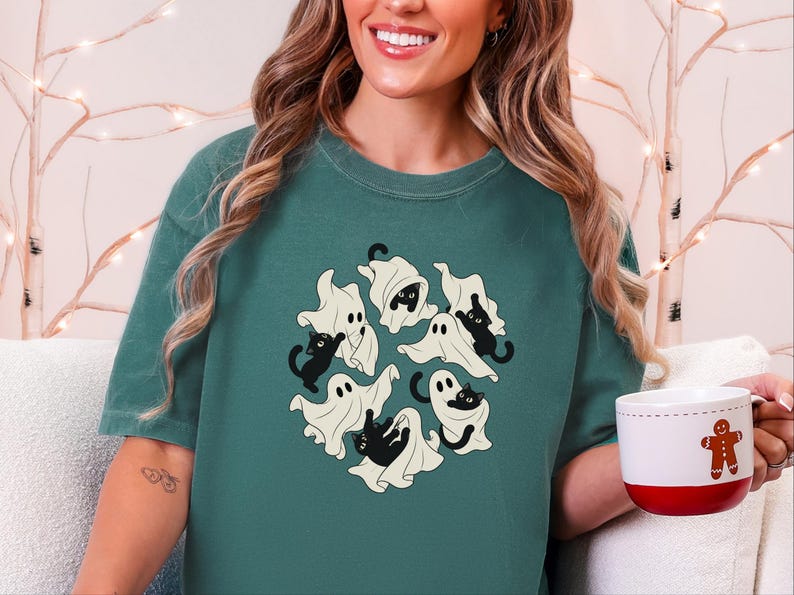 Ghost Cat Shirt, Black Cat Halloween Gift, Spooky Season T Shirt, Funny Cat Lover Tee, Fall Costume Shirt image 9