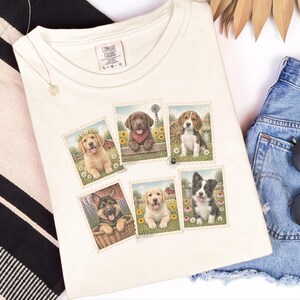Country Dog Postage Stamp Shirt, Vintage Farm Dog Lover Gift, Cute Puppy Collage Tee, Rustic Animal Art Shirt image 2
