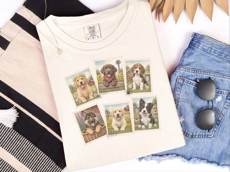 Country Dog Postage Stamp Shirt, Vintage Farm Dog Lover Gift, Cute Puppy Collage Tee, Rustic Animal Art Shirt image 2