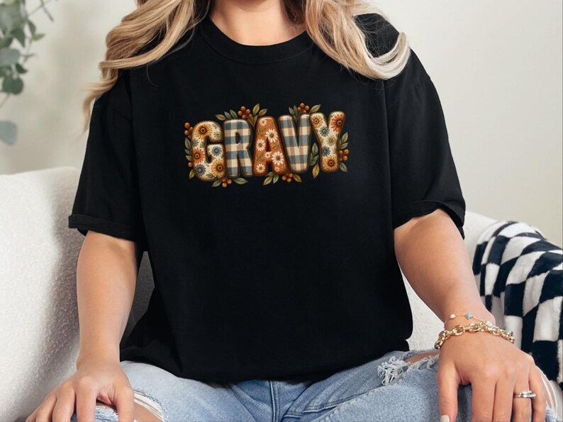 Thanksgiving Food Shirt, Gravy Lover Gift, Floral Fall Tee, Thanksgiving Dinner Outfit, Retro Autumn Shirt image 3