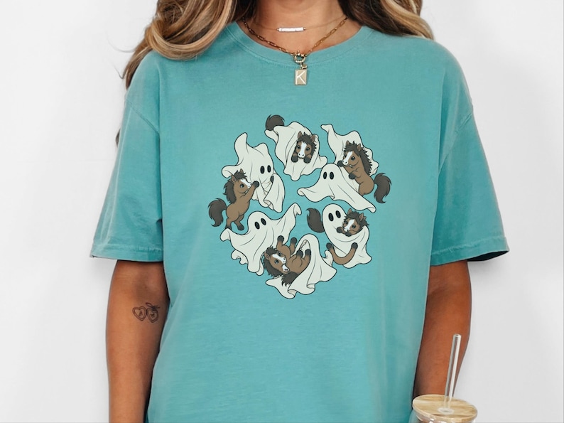 Horse Girl Shirt, Cute Ghost Halloween Gift, Spooky Pony Lover Tee, Equestrian Fall Sweatshirt, Horse Rider Costume image 1
