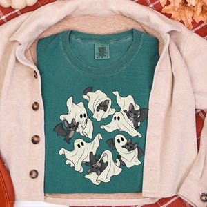 Ghost Shirt, Halloween T-Shirt, Spooky Season Tee, Cute Ghost Playing With Bat image 6