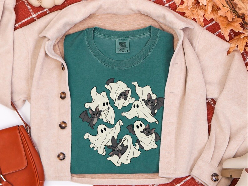 Ghost Shirt, Halloween T-Shirt, Spooky Season Tee, Cute Ghost Playing With Bat image 6