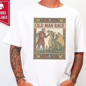 Medieval Dragon Shirt, Funny Old Man Gift, Fantasy Reader Tee, Knight Costume, Medieval Manuscript Graphic Tee image 4