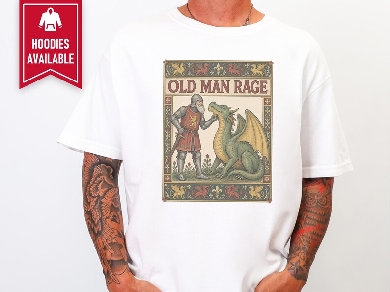 Medieval Dragon Shirt, Funny Old Man Gift, Fantasy Reader Tee, Knight Costume, Medieval Manuscript Graphic Tee image 4