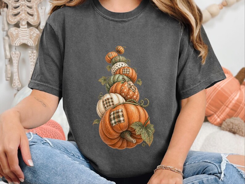 Camiseta de calabaza de otoño, camiseta bohemia de calabaza, regalo de temporada de cosecha, camiseta otoñal estilo cottagecore, top de Acción de Gracias, sudadera de calabaza patchwork imagen 6