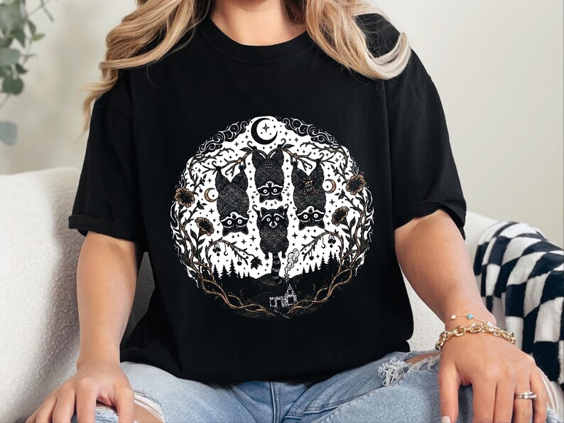 Comfort Colors Funny Raccoon Shirt, Raccoon Tree Branches Moon Graphic Tee, Trash Panda Dark Humor Design, Woodland Forest Celestial Night image 1