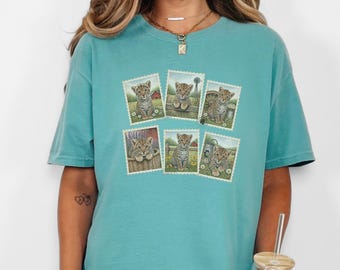 Leopard Lover Gift, Vintage Postage Stamp Leopard Collection, Wild Cat Shirt, Safari Animal Art, Farm Girl Shirt