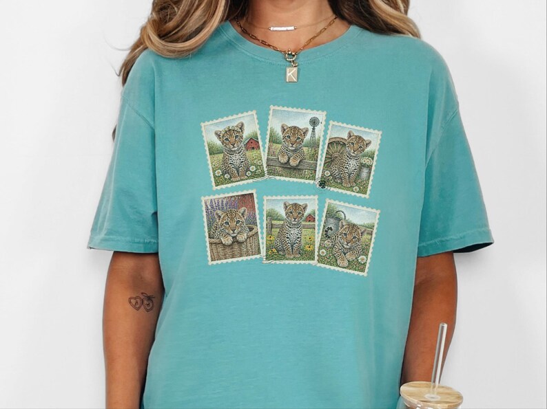 Leopard Lover Gift, Vintage Postage Stamp Leopard Collection, Wild Cat Shirt, Safari Animal Art, Farm Girl Shirt image 1
