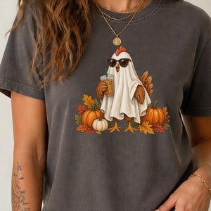 Halloween Chicken Shirt, Ghost Coffee Tee, Fall Chicken Gift, Chicken Lover Shirt, Spooky Season Tee image 1