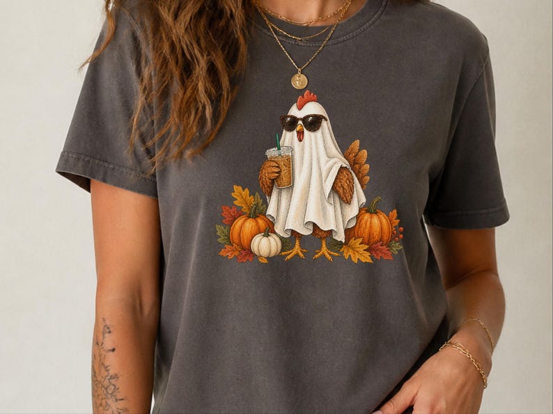 Halloween Chicken Shirt, Ghost Coffee Tee, Fall Chicken Gift, Chicken Lover Shirt, Spooky Season Tee image 1