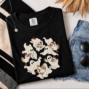 Ghost Chicken Shirt, Funny Halloween Chicken Gift, Ghost Season Tee, Spooky Farm Animal Sweatshirt image 1