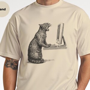 Angry Cat T-Shirt, Cat Vs Computer Tee, Vintage Engraving Art, Retro Computer Art image 6
