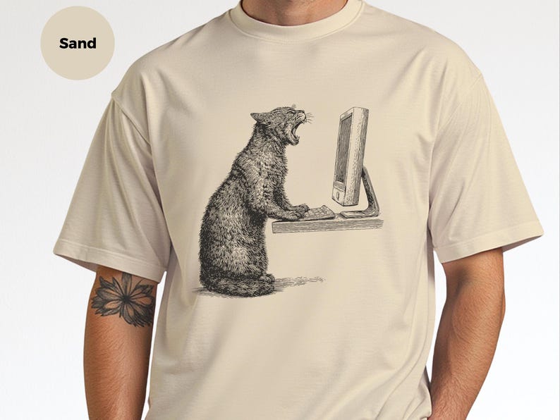 Angry Cat T-Shirt, Cat Vs Computer Tee, Vintage Engraving Art, Retro Computer Art image 6