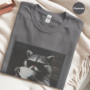Funny Raccoon Sipping A Cup Of Tea Tee, Sarcastic Trash Panda Retro Wildlife Graphic Shirt, Humorous Animal Lover Tea Drinker Gift image 2