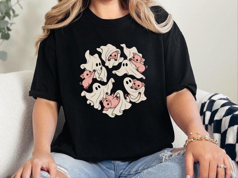 Camiseta de fantasma, regalo para amantes de los cerdos, camiseta de fantasma de Halloween, camiseta de temporada espeluznante, camiseta con estampado de cerdo, camiseta de animales de granja imagen 7