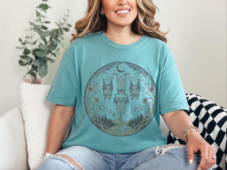 Comfort Colors Night Animals Halloween Racoon Bats Floral Night Scene Shirt, Vintage Spooky Moon Phases Tee, Goth Cottagecore Witchy Fall image 8