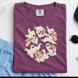 Camiseta de fantasma, regalo para amantes de los cerdos, camiseta de fantasma de Halloween, camiseta de temporada espeluznante, camiseta con estampado de cerdo, camiseta de animales de granja imagen 9