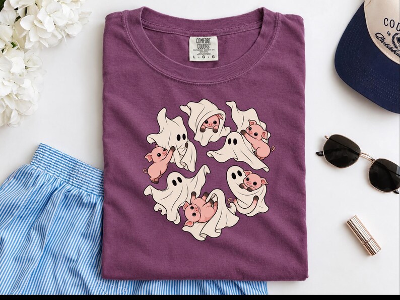 Camiseta de fantasma, regalo para amantes de los cerdos, camiseta de fantasma de Halloween, camiseta de temporada espeluznante, camiseta con estampado de cerdo, camiseta de animales de granja imagen 9