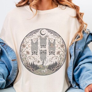 Comfort Colors Funny Raccoon Shirt, Raccoon Tree Branches Moon Graphic Tee, Trash Panda Dark Humor Design, Woodland Forest Celestial Night image 2
