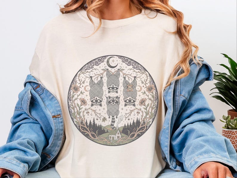 Comfort Colors Funny Raccoon Shirt, Raccoon Tree Branches Moon Graphic Tee, Trash Panda Dark Humor Design, Woodland Forest Celestial Night image 2